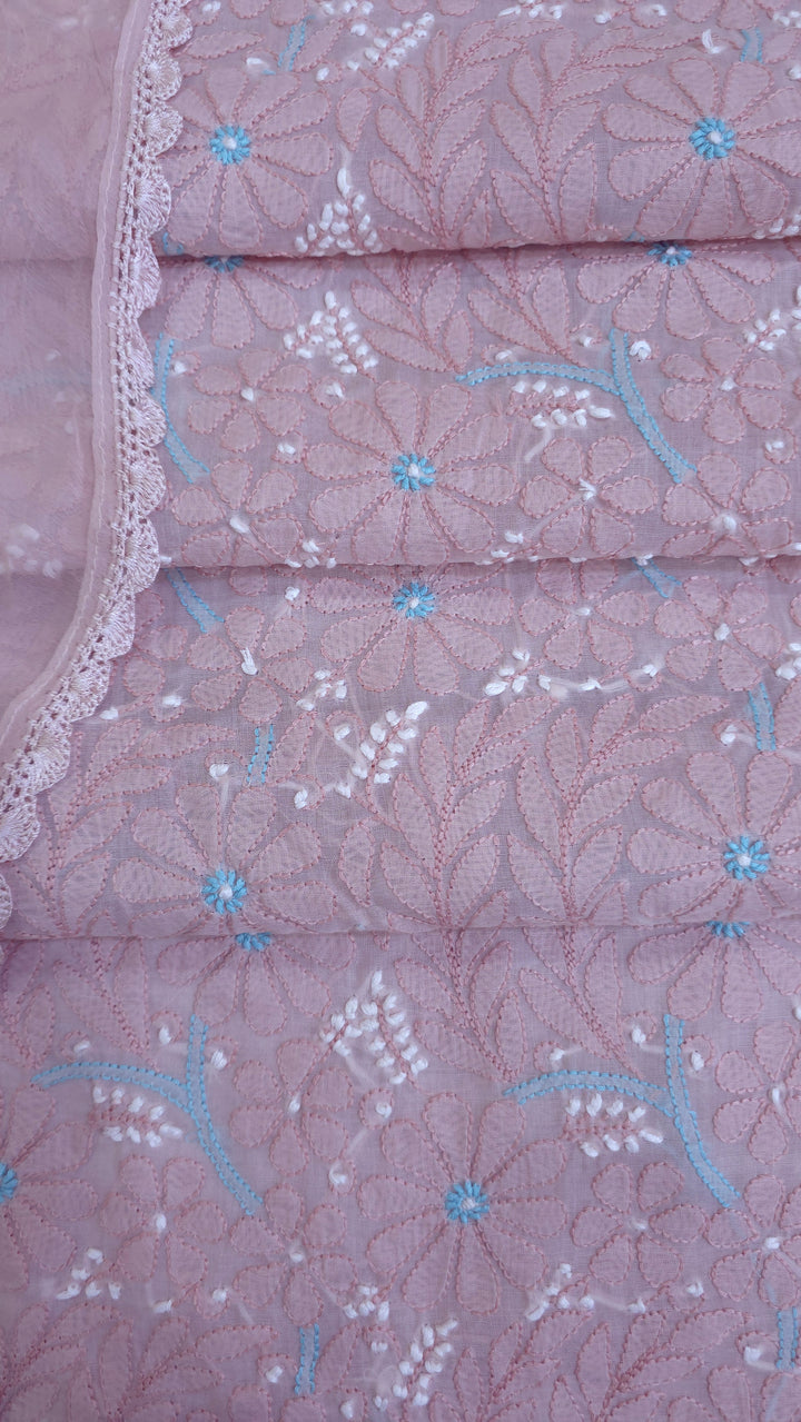 Lucknow Chikankari Hand Embroidered Cotton Dress Material with Tri-Color Motifs & Pure Chiffon Dupatta