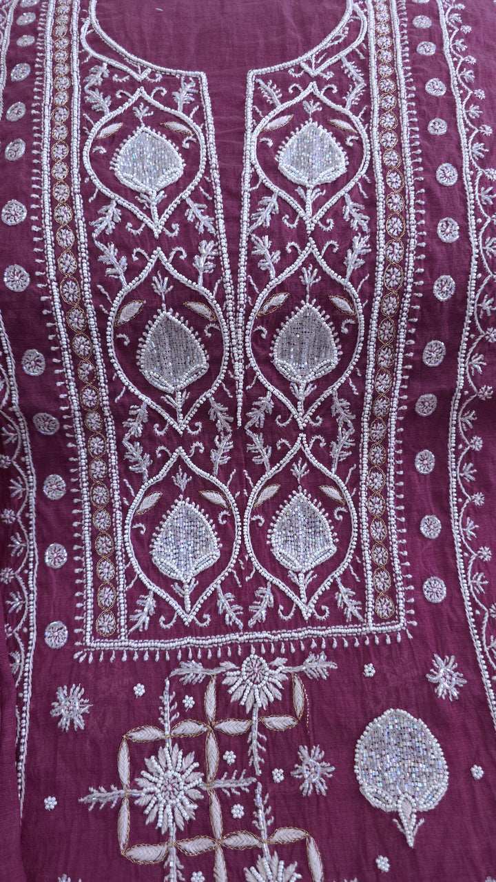Premium Mul Chanderi Pearl, Cutdana & Kasab Hand Embroidered Unstitched Suit Set