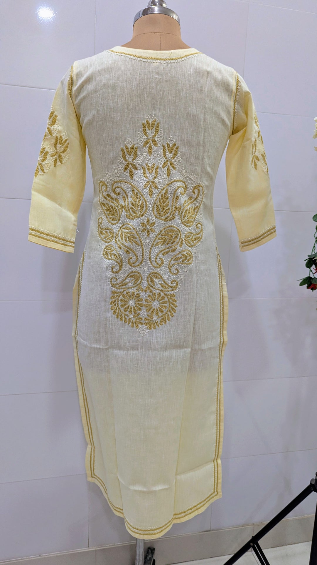 Pure Cotton Linen Lucknowi Chikankari Long Kurti | 100% Hand Embroidered | Non-Transparent | No Shrinkage