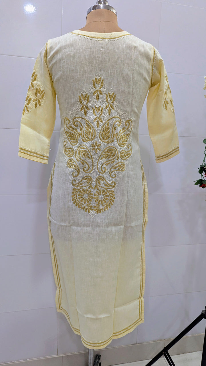 Pure Cotton Linen Lucknowi Chikankari Long Kurti | 100% Hand Embroidered | Non-Transparent | No Shrinkage