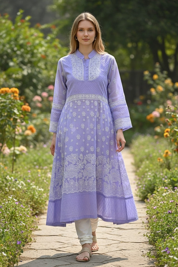 Cotton Lucknowi Chikankari 46" Long A-line Kurti | 100% Hand Embroidered| No Shrinkage