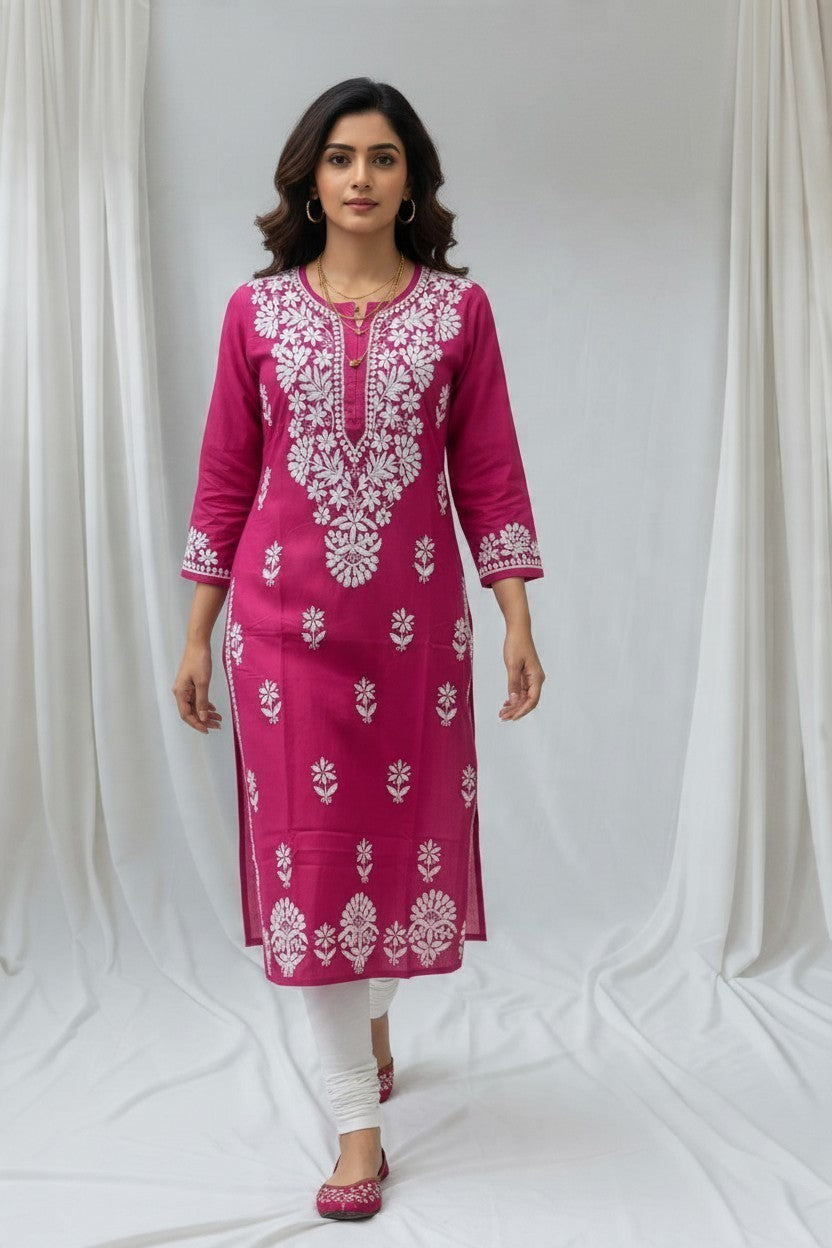 Saba Rayon Chikankari Hand Embroidered Kurti for Women | Premium Soft & Non-Transparent Fabric | 46 Inch Length | Lucknowi Chikan Kurta