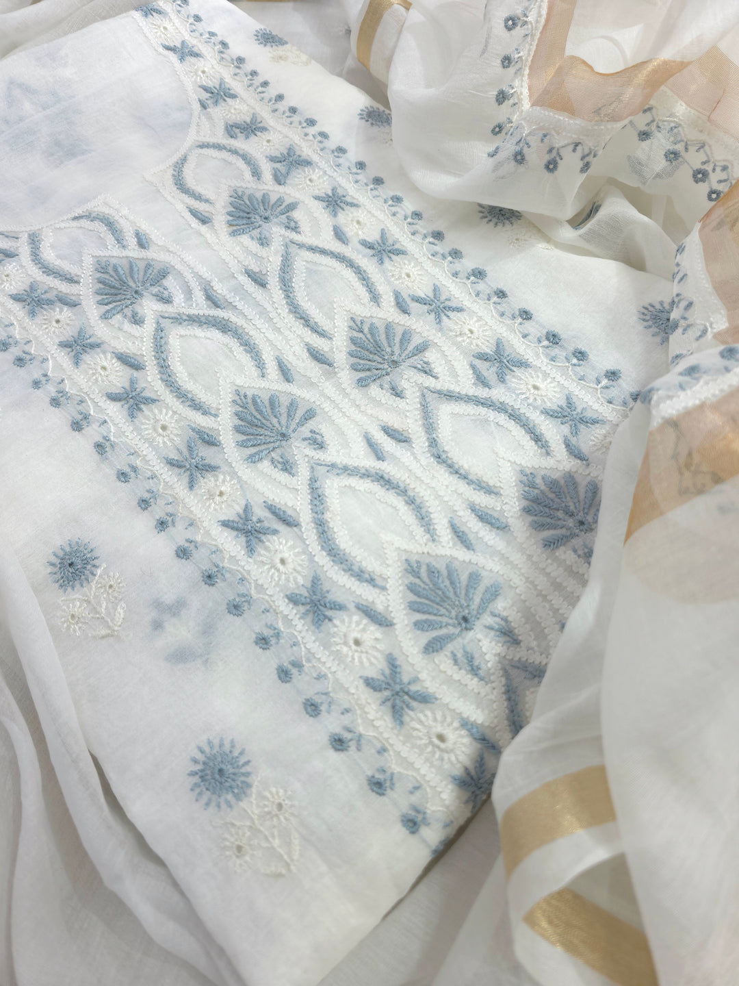Pure Mul Chanderi 2 Taar Hand Embroidered Chikankari Unstitched Kurta (3 M) with Dupatta (2.5 M) – Lucknowi Festive Collection