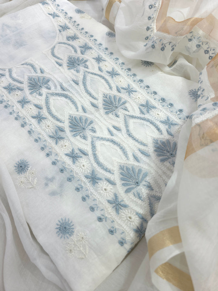 Pure Mul Chanderi 2 Taar Hand Embroidered Chikankari Unstitched Kurta (3 M) with Dupatta (2.5 M) – Lucknowi Festive Collection