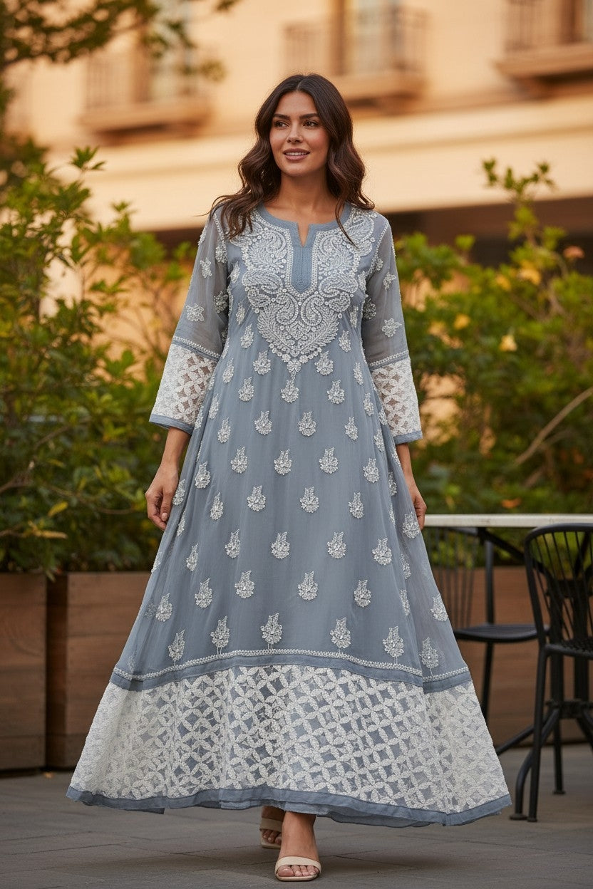 Georgette Lucknowi Chikankari 50" Long A line gown style Kurti | 100% Hand Embroidered| No Shrinkage