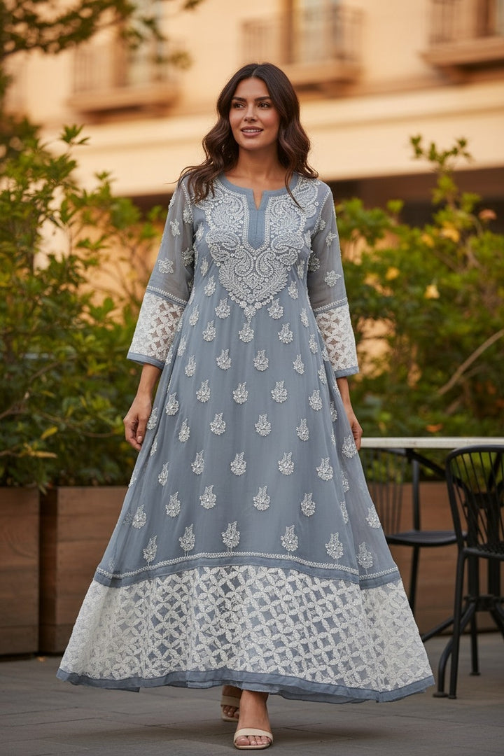 Georgette Lucknowi Chikankari 50" Long A line gown style Kurti | 100% Hand Embroidered| No Shrinkage