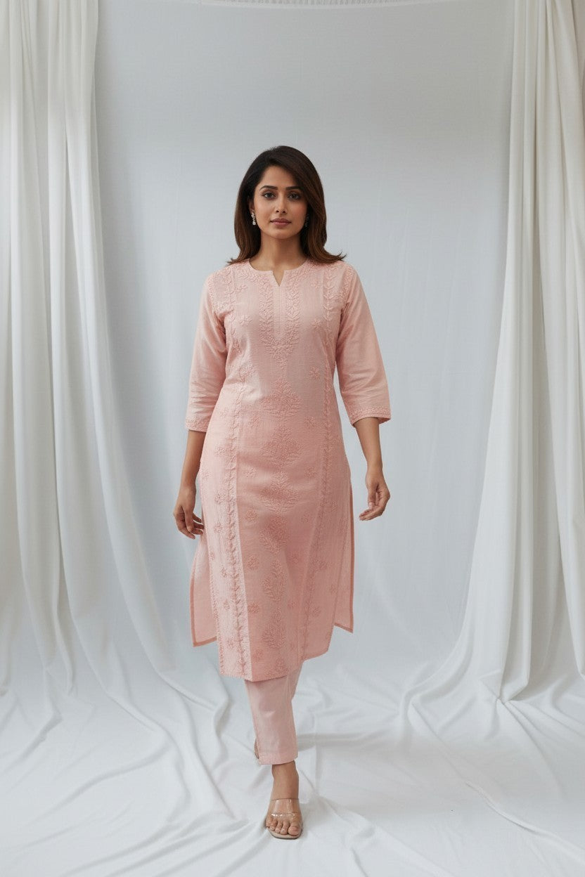 Heena Chanderi Chikankari Kurti – 100% Hand Embroidered, Non-Transparent