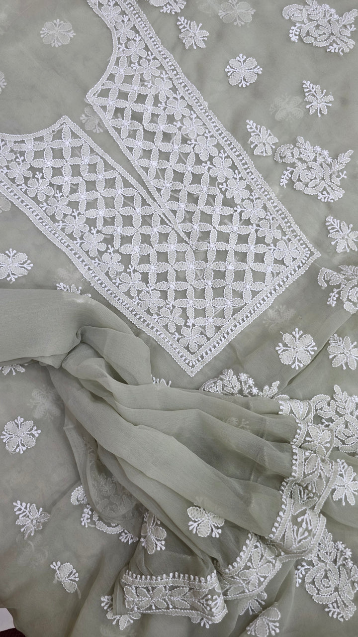 Lucknowi Georgette Chikankari Dress Material – Hand Embroidery Kurta, Bottom & Dupatta | Festive Queen Shades