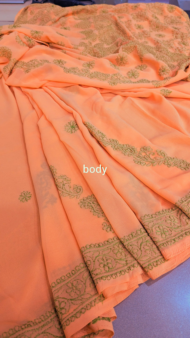 Faux Georgette Hand Chikankari Saree with Exclusive Border & designer Palla Design | Embroidered Blouse Included | Authentic Lucknow Handicraft by Paridhan Chikan