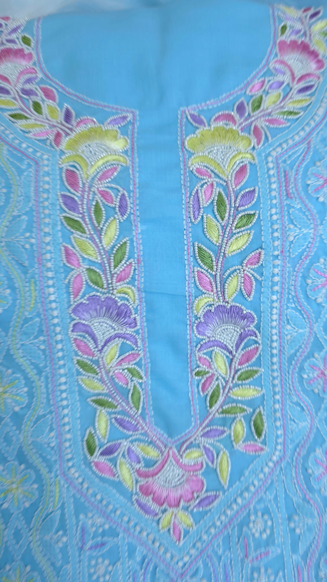 Cotton Resham Neckline chikankari dress material- Blue