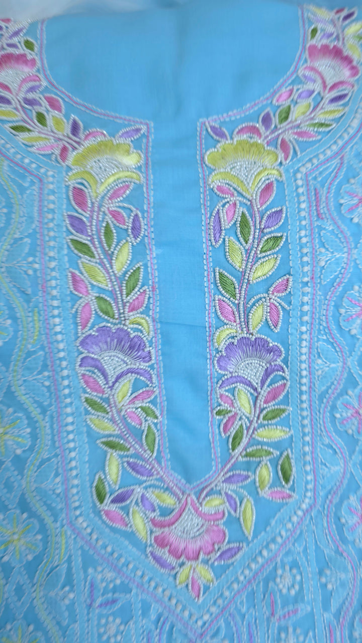 Cotton Resham Neckline chikankari dress material- Blue