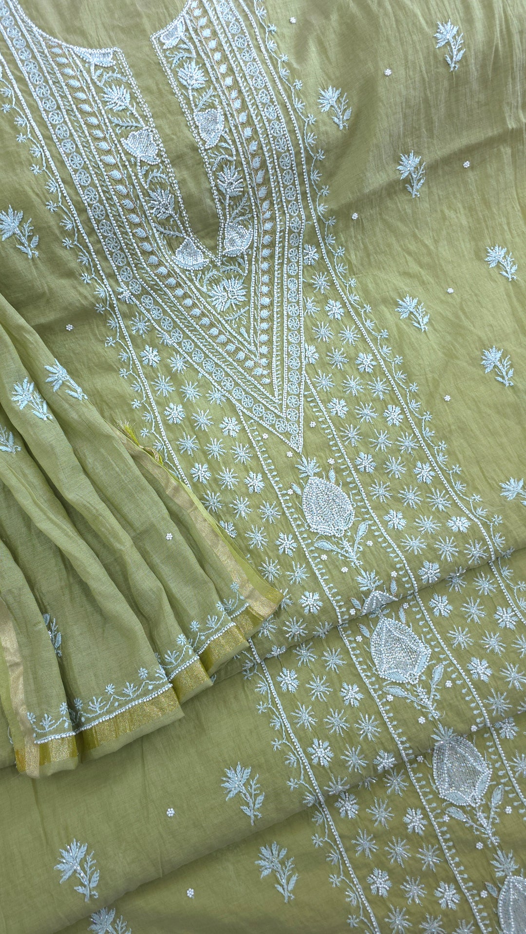 Premium Mul Chanderi Pearl, Cutdana & Kasab Hand Embroidered Unstitched Suit Set