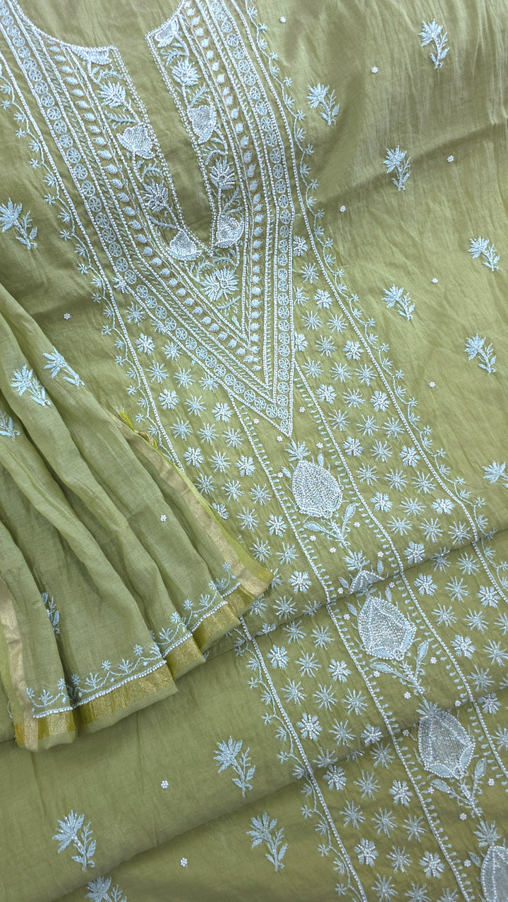Premium Mul Chanderi Pearl, Cutdana & Kasab Hand Embroidered Unstitched Suit Set