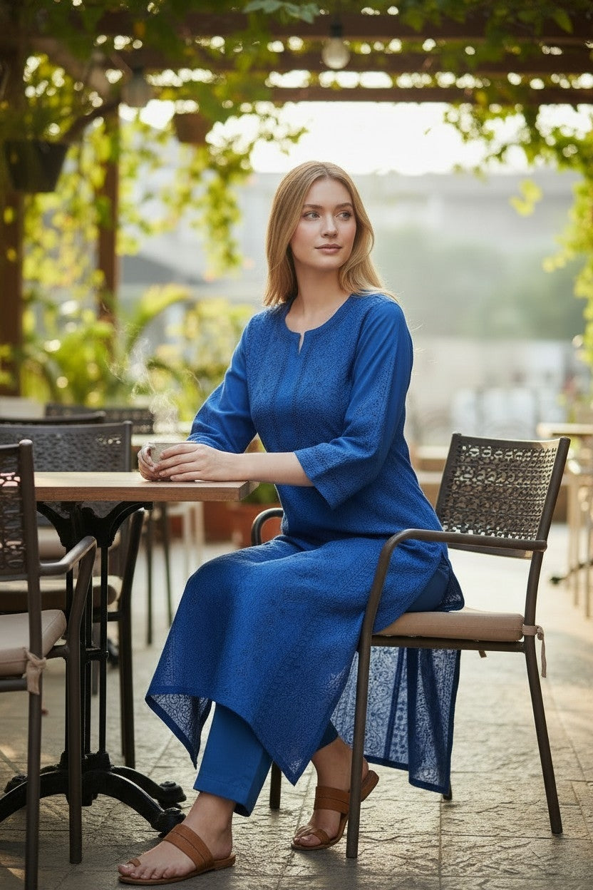 Cotton Chanderi chikankari long kurti