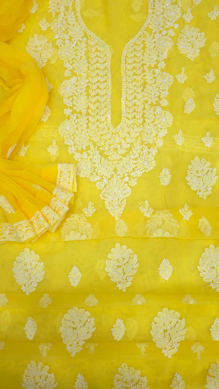 Lucknowi Georgette Chikankari Dress Material – Hand Embroidery Kurta, Bottom & Dupatta | Festive Queen Shades