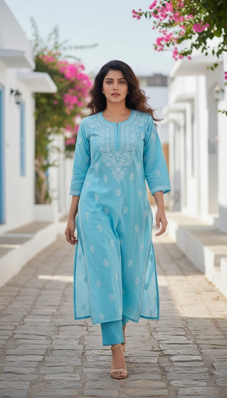IRA Cotton Chikankari Kurti for Women | Lightweight Hand Embroidered Office & Daily Wear Kurta