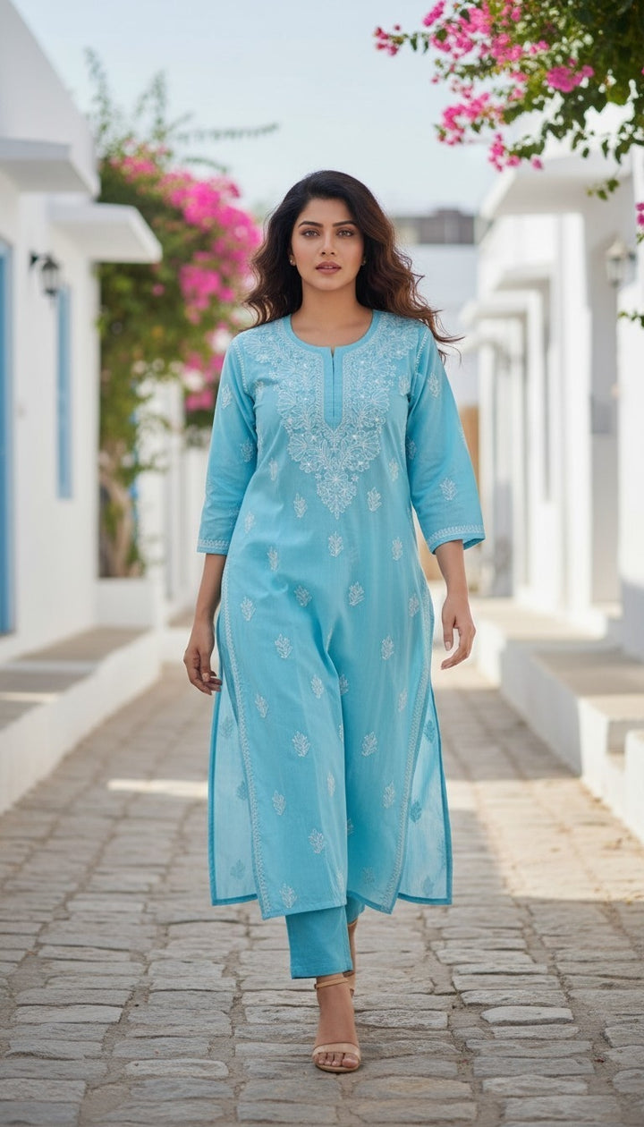 IRA Cotton Chikankari Kurti for Women | Lightweight Hand Embroidered Office & Daily Wear Kurta