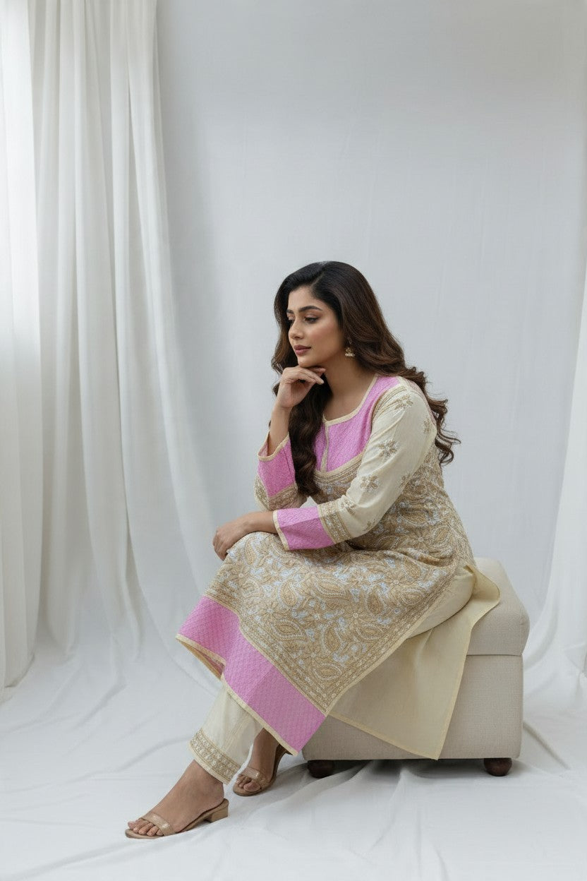 Asma Cotton Chikankari Hand Embroidered Kurti for Women | Premium  | 48 Inch approx Length | Lucknowi Chikan Kurta
