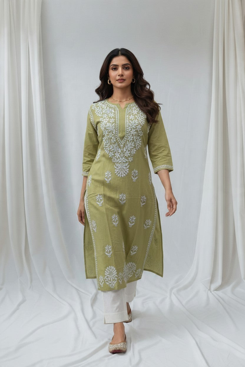 Saba Rayon Chikankari Hand Embroidered Kurti for Women | Premium Soft & Non-Transparent Fabric | 46 Inch Length | Lucknowi Chikan Kurta