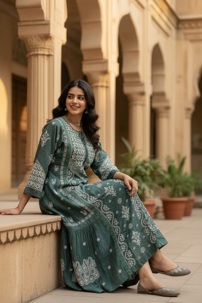 Pure Muslin luxurious long dress with *2 taar chikankari work* Length 50 " approx