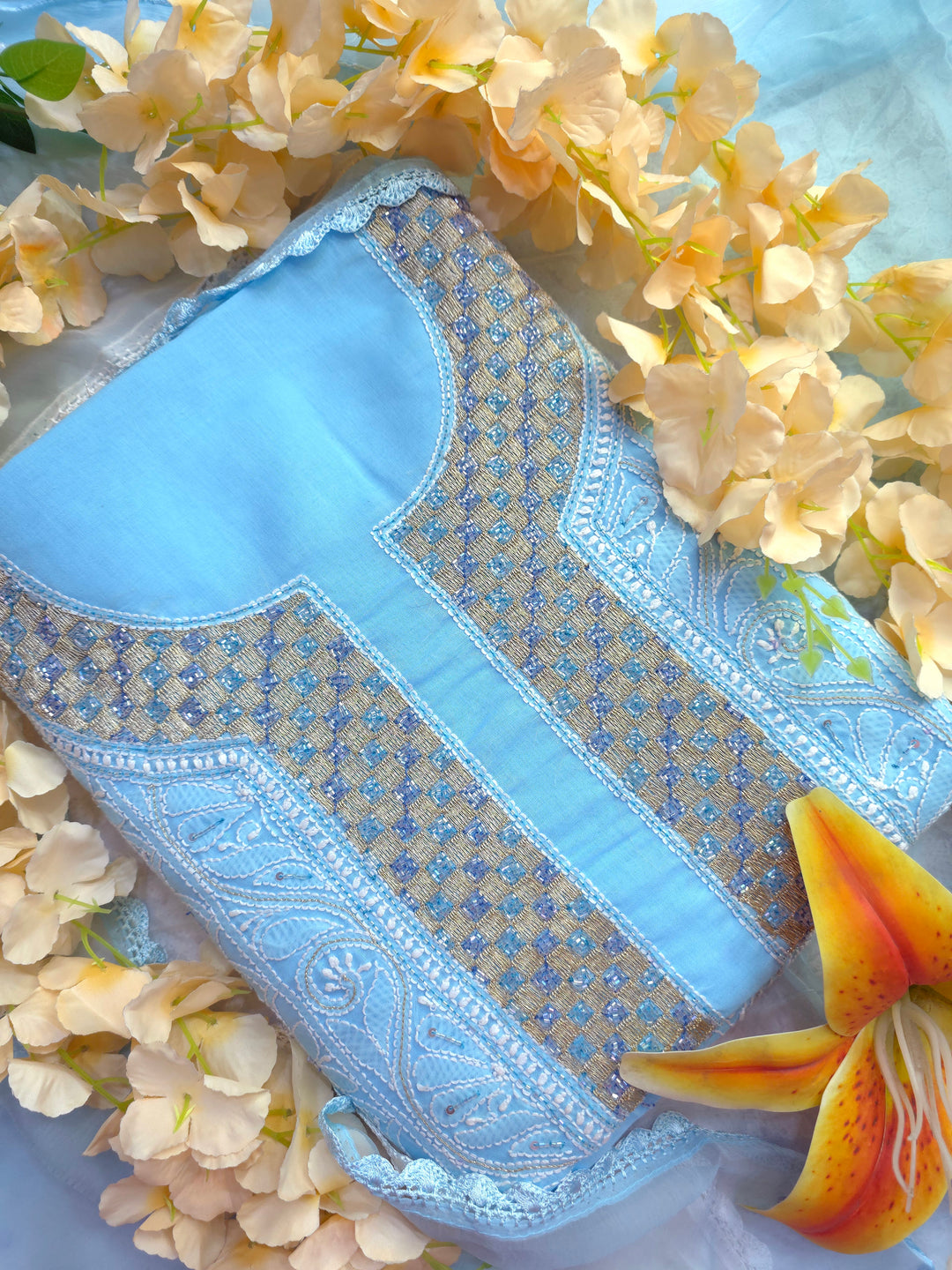 Afreen Premium Hand Embroidered Chikankari Cotton Unstitched Dress Material with Pure Chiffon Dupatta