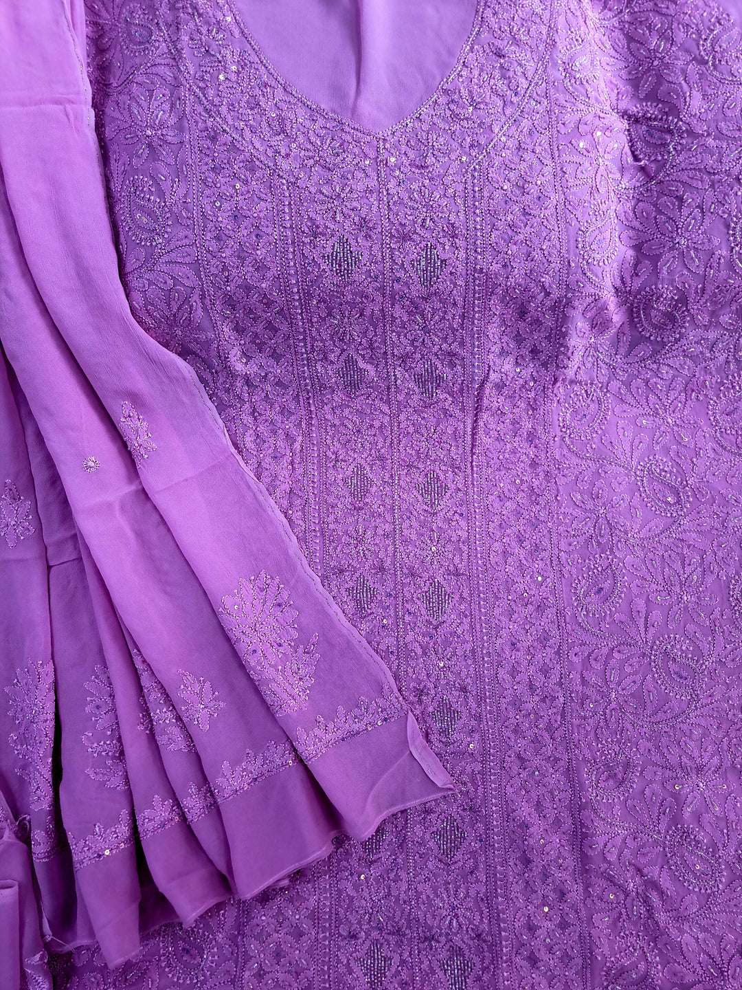 Pure Premium Luxury Georgette Hand-Embroidered Chikankari Dress Material with Dupatta & Crape Bottom – Paridhan Chikan