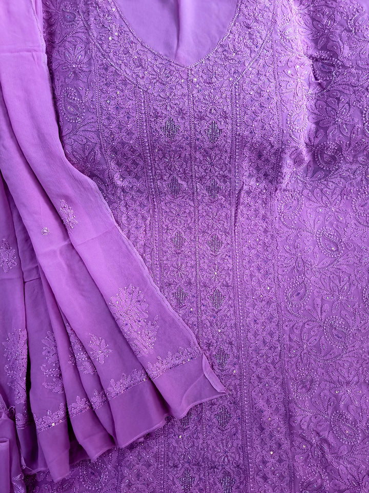 Pure Premium Luxury Georgette Hand-Embroidered Chikankari Dress Material with Dupatta & Crape Bottom – Paridhan Chikan