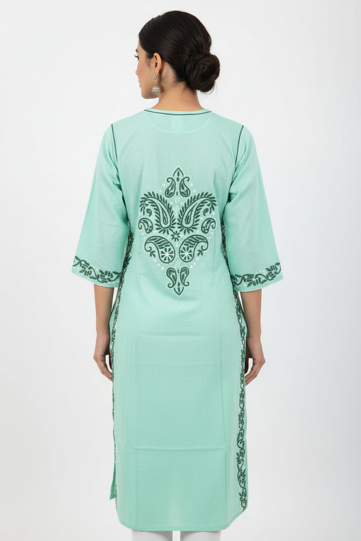 Soft Cotton Polo Fabric Lucknowi Chikankari Long Kurti | 100% Hand Embroidered | Non-Transparent | No Shrinkage