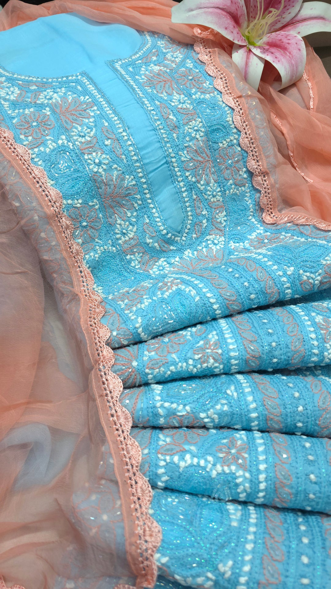 Paridhan Chikan Cotton Chikankari Unstitched Dress Material – 3 Pc Suit Set with Hand Embroidery & Pearl Work in Every Motif