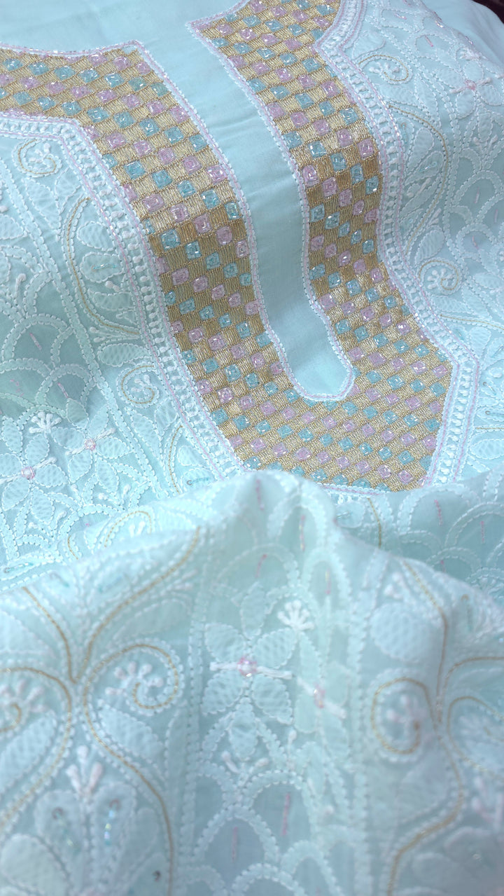 Afreen Premium Hand Embroidered Chikankari Cotton Unstitched Dress Material with Pure Chiffon Dupatta