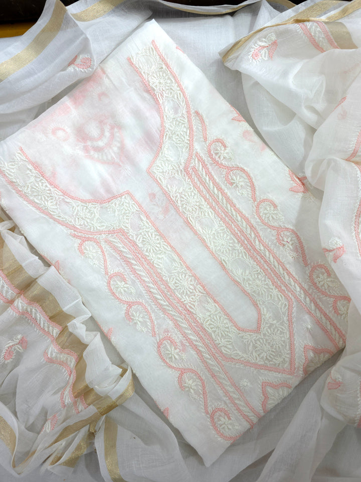 Pure Mul Chanderi 2 Taar Hand Embroidered Chikankari Unstitched Kurta (3 M) with Dupatta (2.5 M) – Lucknowi Festive Collection