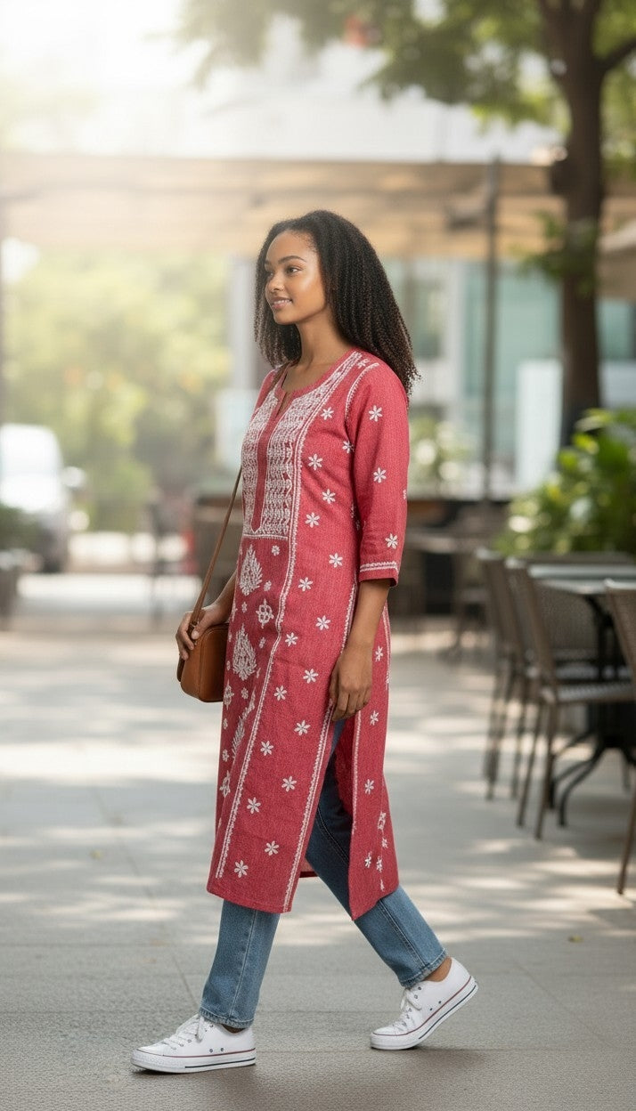 Hand Embroidery Chikankari Linen Kurti - Brick Red
