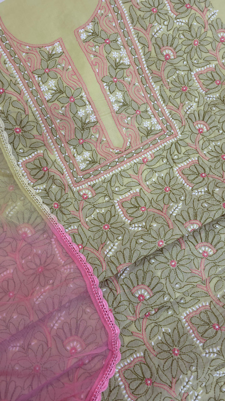 Lucknow Chikankari Hand Embroidered Cotton Dress Material with Tri-Color Motifs & Pure Chiffon Dupatta