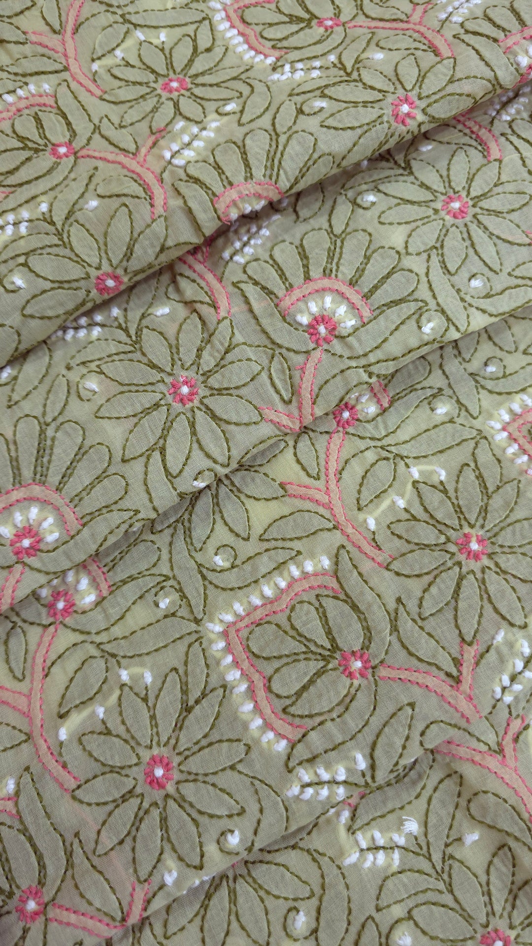 Lucknow Chikankari Hand Embroidered Cotton Dress Material with Tri-Color Motifs & Pure Chiffon Dupatta