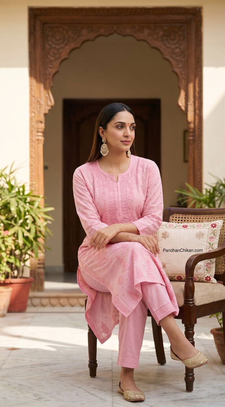 Kiara Chikankari Chanderi Golden Zari Buti Kurti for Women | Soft Non-Transparent | Paridhan Chikan