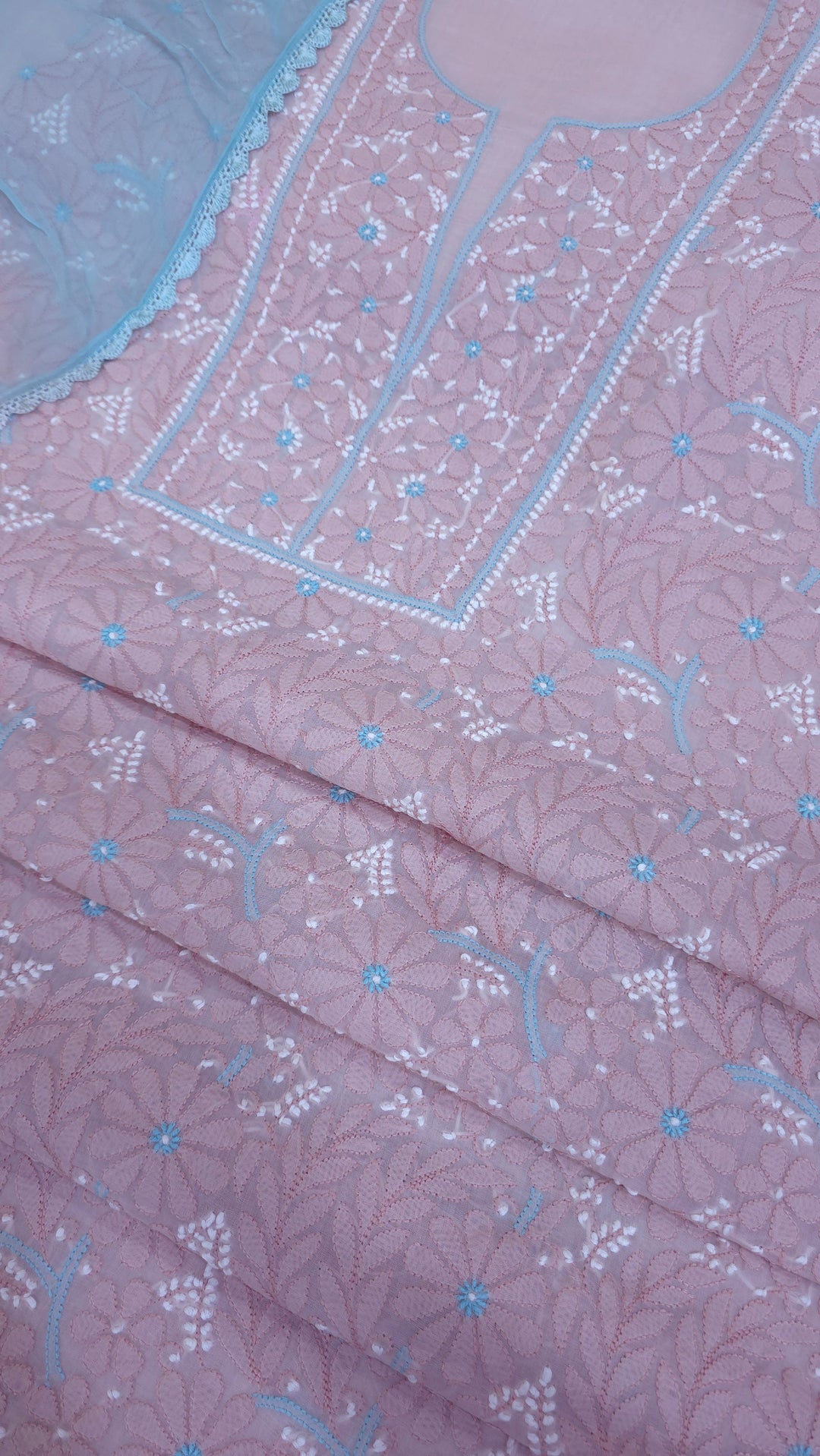 Lucknow Chikankari Hand Embroidered Cotton Dress Material with Tri-Color Motifs & Pure Chiffon Dupatta