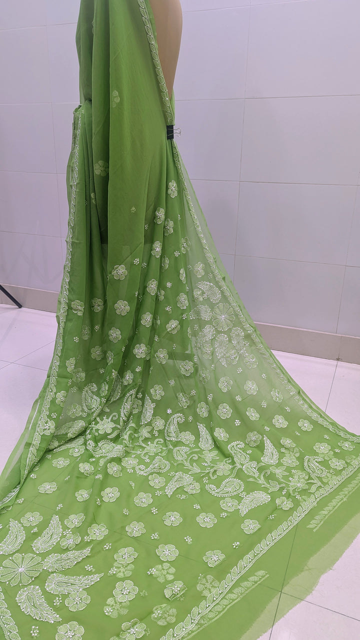 Faux Georgette Hand Chikankari Saree with Exclusive Border & Palla Design | Embroidered Blouse Included | Authentic Lucknow Handicraft by Paridhan Chikan