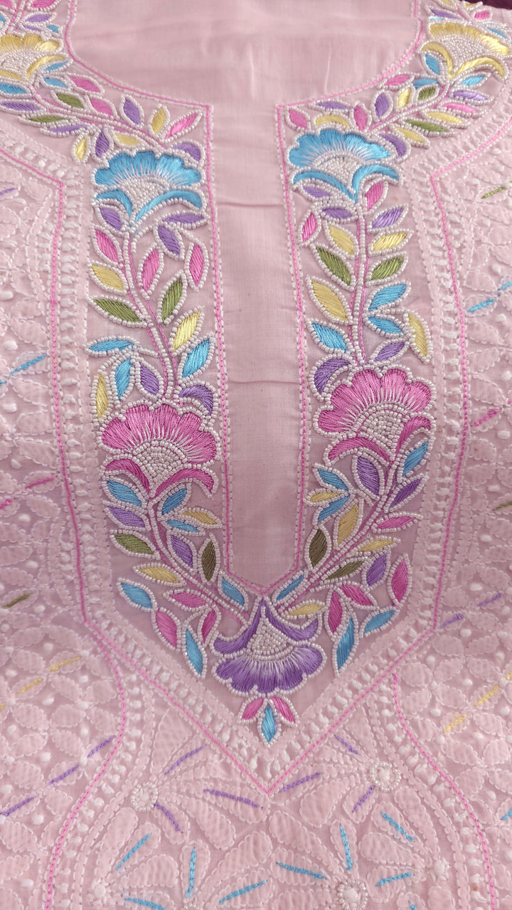 Cotton Resham Neckline chikankari dress material- Baby Pink