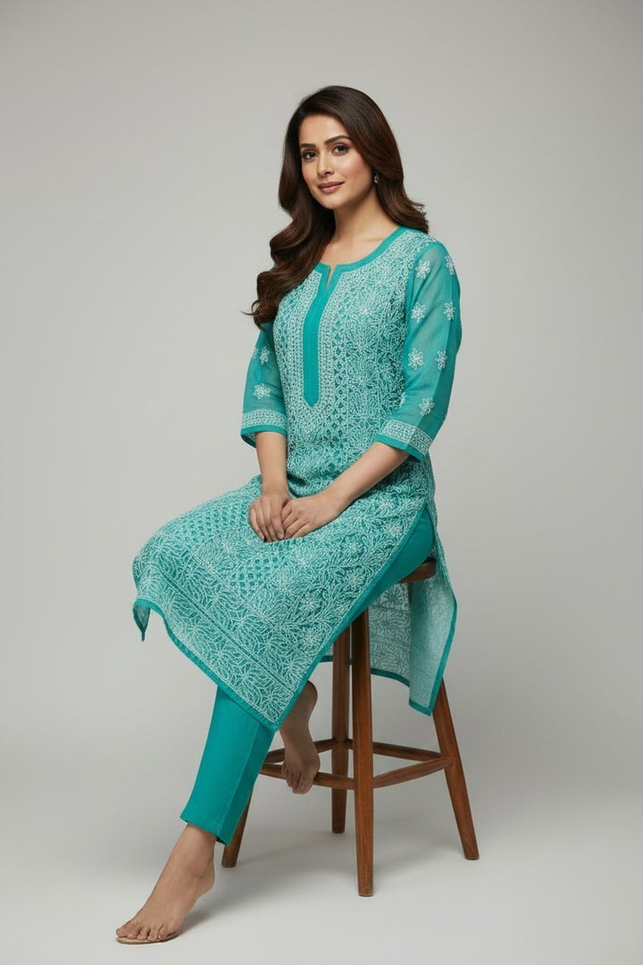 Mahi Women's Chikankari Georgette Full Embroidered Kurta | Hand Embroidered Lucknowi Ethnic Wear