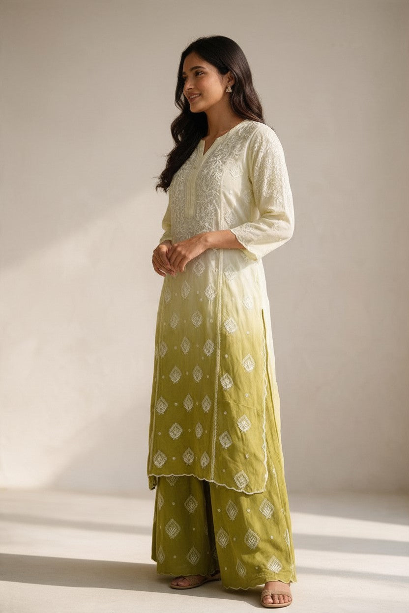 Luxe-Pure crepe luxurious kurti sharara set with *2 taar chikankari work*