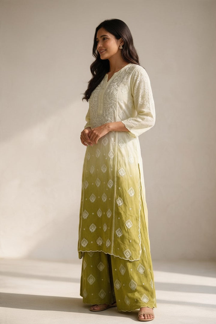 Luxe-Pure crepe luxurious kurti sharara set with *2 taar chikankari work*