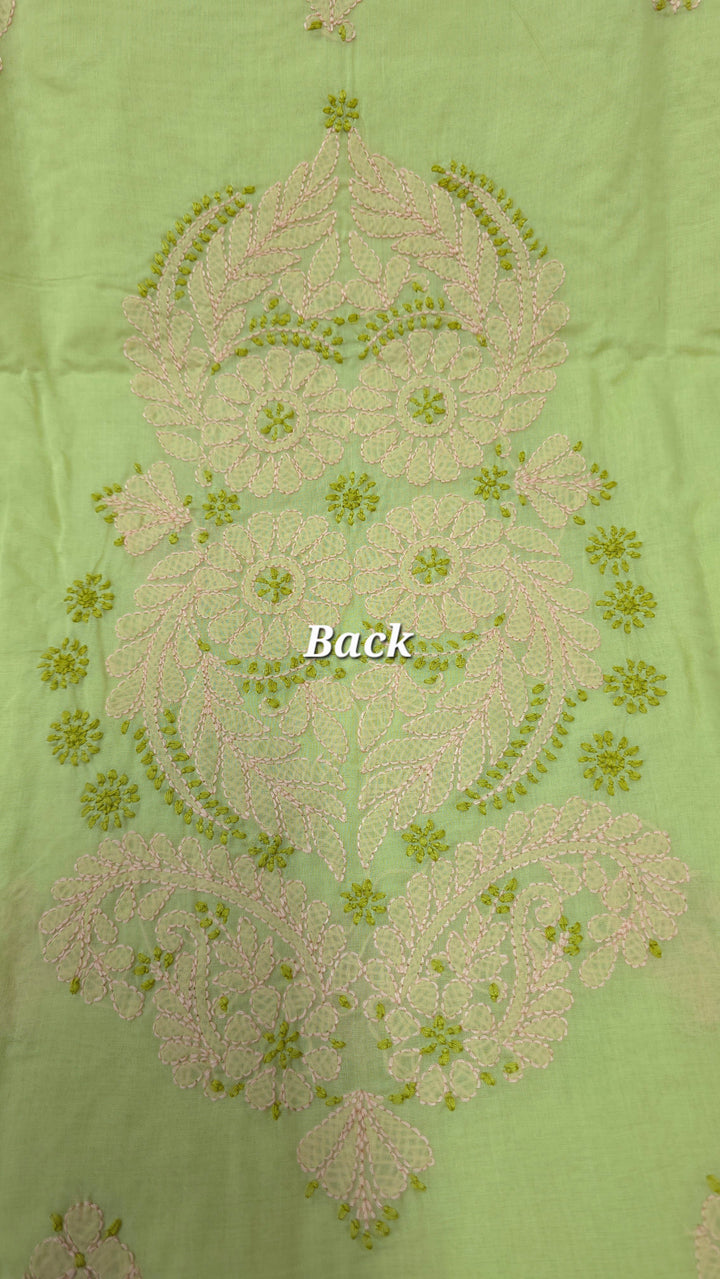 Lucknow Chikankari Hand Embroidered Cotton Dress Material with Tri-Color Motifs & Pure Chiffon Dupatta
