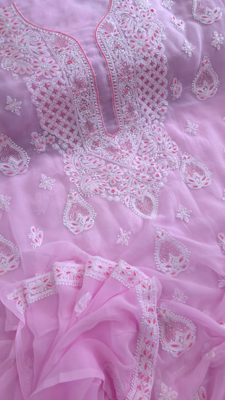 Alina Heavy Embellished Georgette Chikankari Unstitched Dress Material | Cutdana Handwork