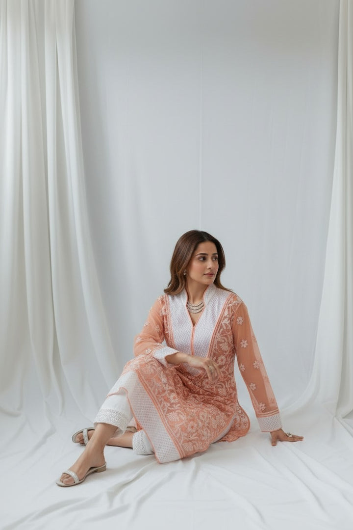 Women’s Georgette Chikankari Kurti – Designer Hand Embroidered Lucknowi Craft by Paridhan Chikan