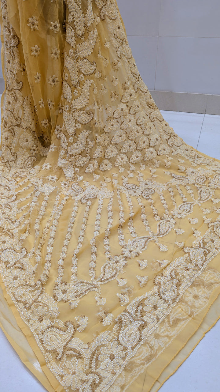 Faux Georgette Hand Chikankari Saree with Exclusive Border & designer Palla Design | Embroidered Blouse Included | Authentic Lucknow Handicraft by Paridhan Chikan