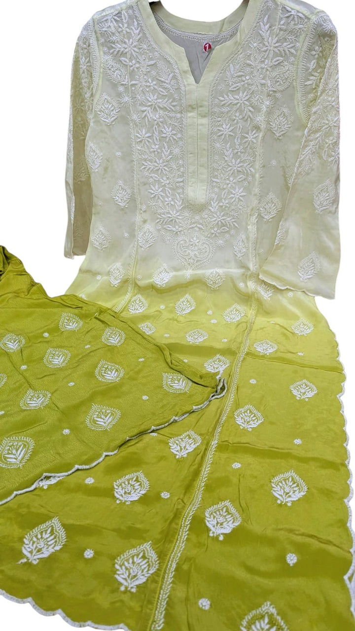 Luxe-Pure crepe luxurious kurti sharara set with *2 taar chikankari work*