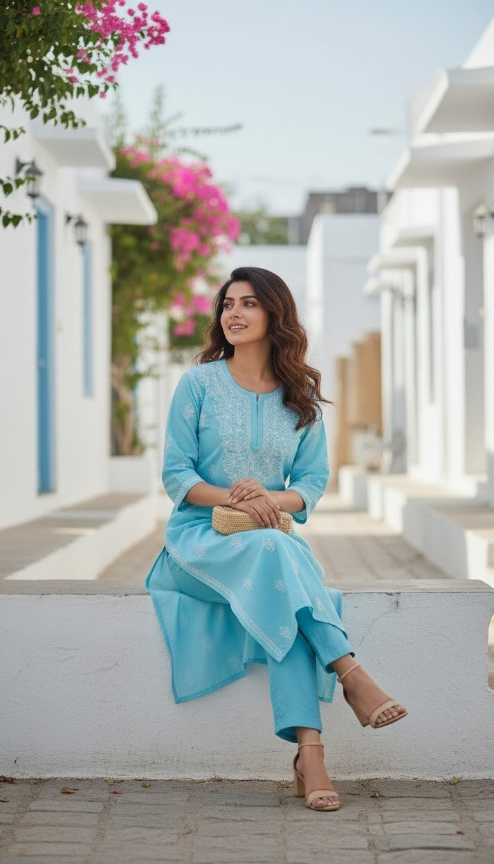 IRA Cotton Chikankari Kurti for Women | Lightweight Hand Embroidered Office & Daily Wear Kurta