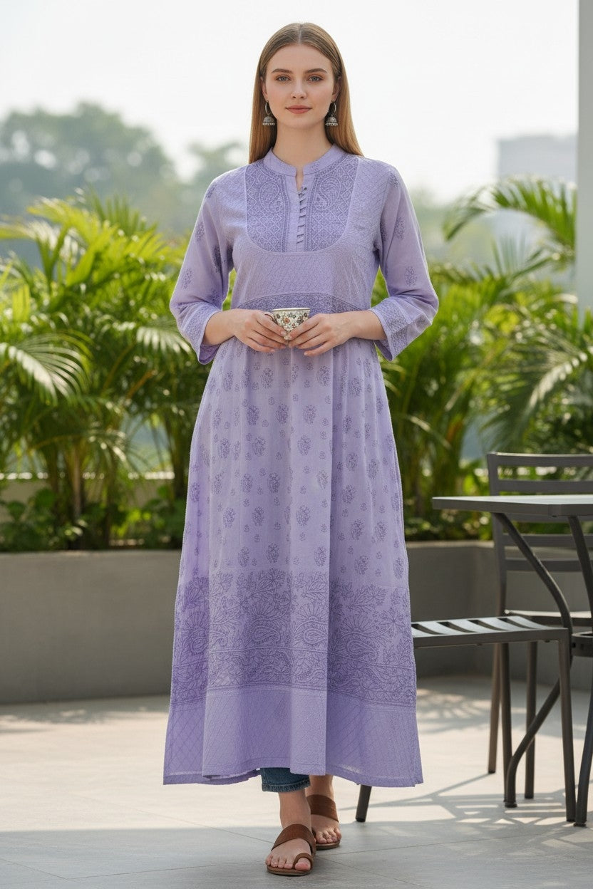Cotton Lucknowi Chikankari 46" Long A-line Kurti | 100% Hand Embroidered| No Shrinkage