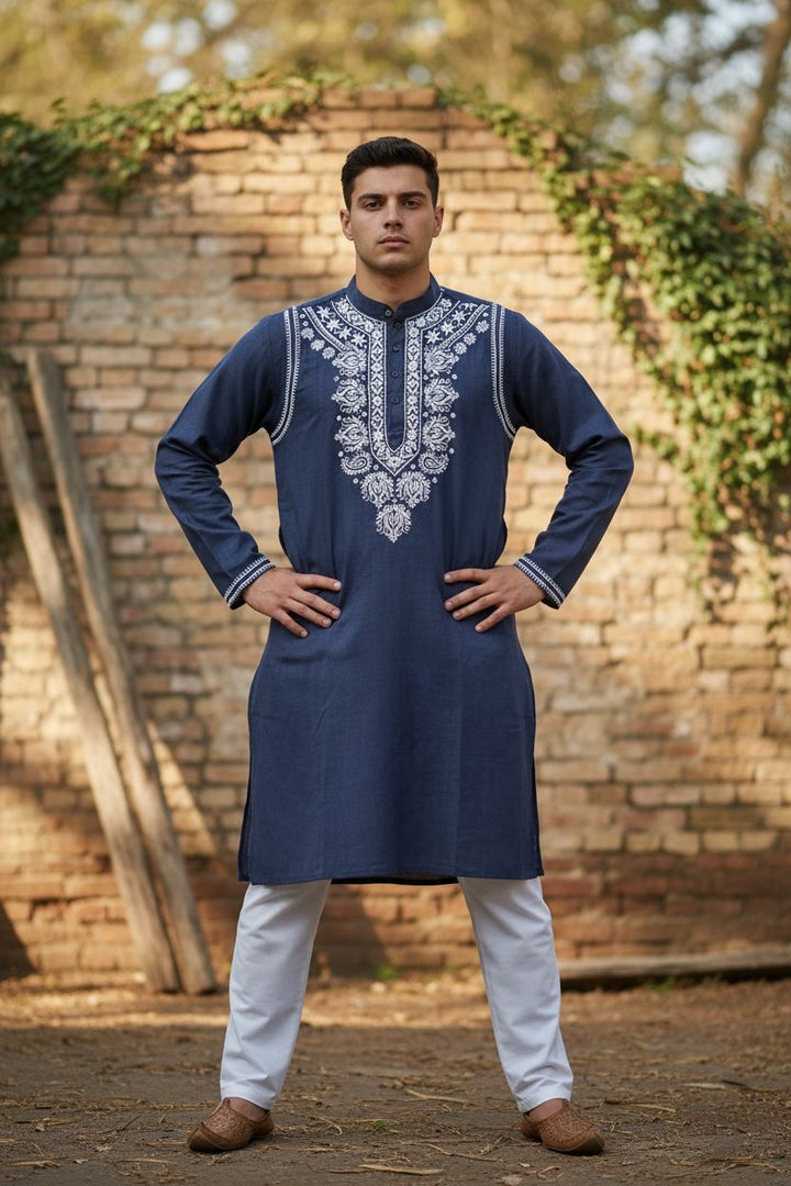 Gents Denim Lucknowi Chikankari Hand Embroidered Kurta – Soft, Stylish & Comfortable