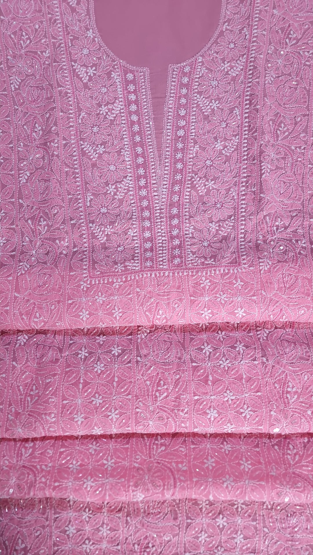 Unstitched Cotton Hand Embroidered Chikankari Dress Material with Cutdana, Resham & Badla Work | Pure Chiffon Dupatta | Lucknowi Artistry